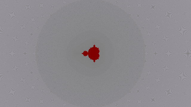 A mini mandelbrot set in red, surrounded by grey rings with Moiré patterns