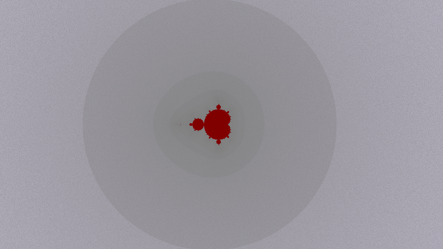 A mini Mandelbrot set in red, surrounded by grey rings with a slightly noisy texture