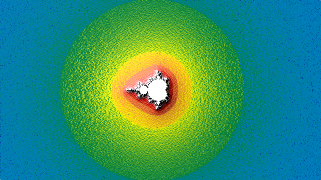 a mini Mandelbrot island in white with textured rings in rainbow colours from blue outside through yellow to red inside