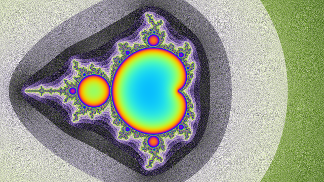 mini-mandelbrot set large in view with interior distance estimation colouring (blue in center through green and yellow to red nearer the boundary)