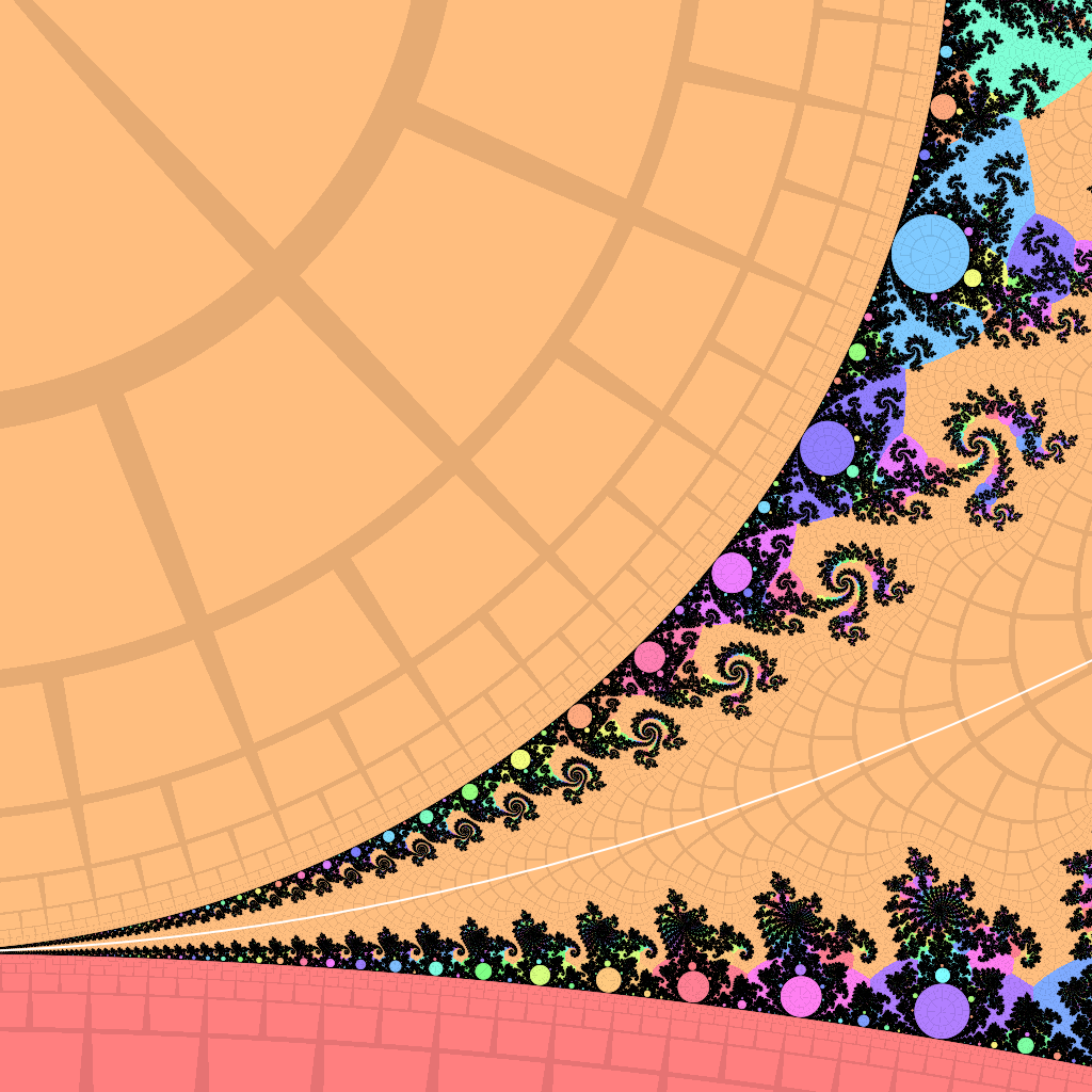 the lower side of the 1/3 bulb (orange) in the Mandelbrot set, with the .(001) external ray (white)