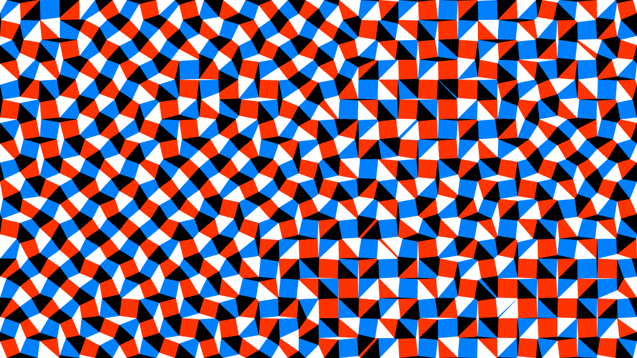 still from meshwalk-2.0 (a wavy grid of quadrilaterals alternating red white blue and black)
