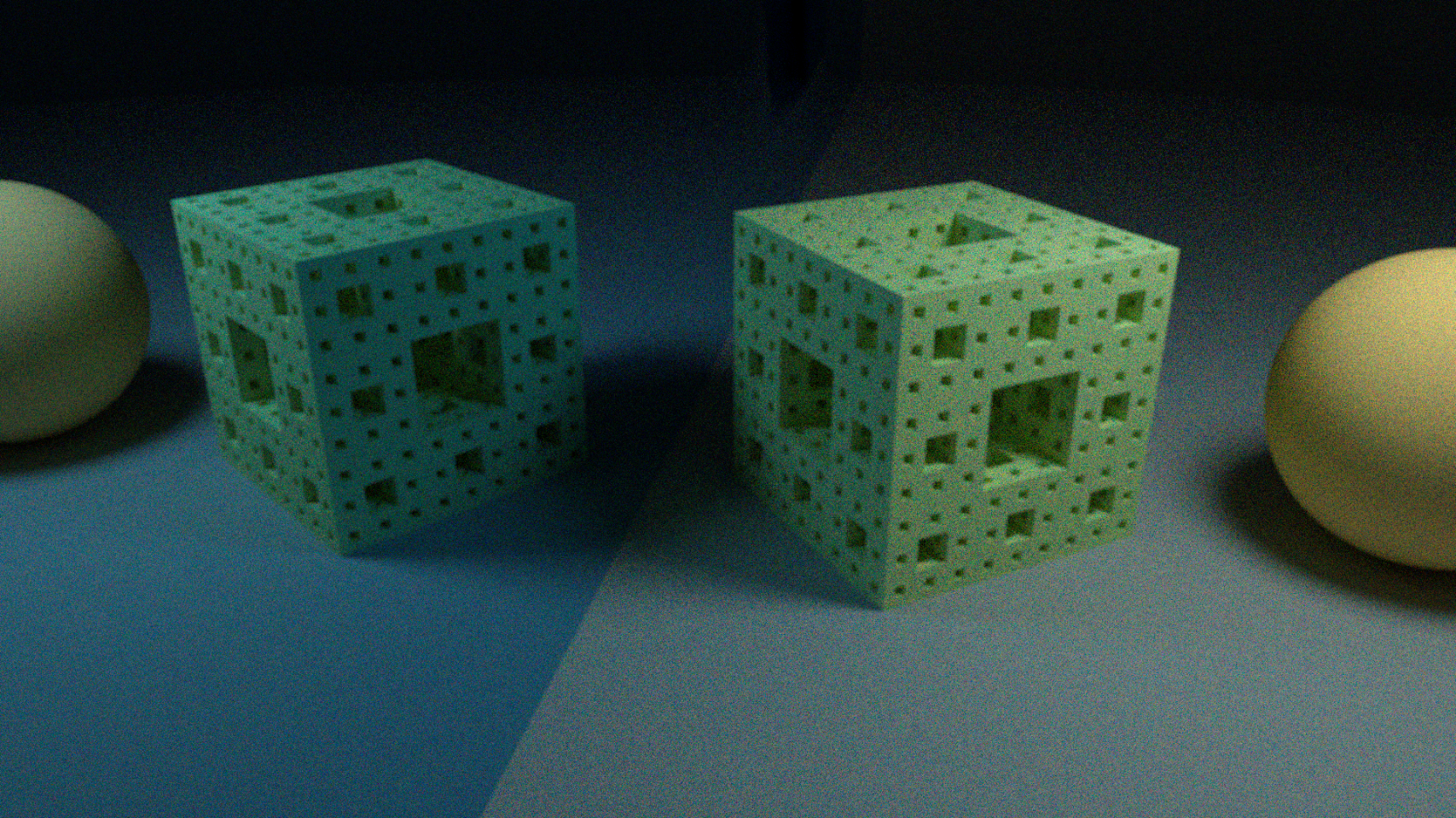a green menger sponge and a yellow sphere reflected in a blue mirror
