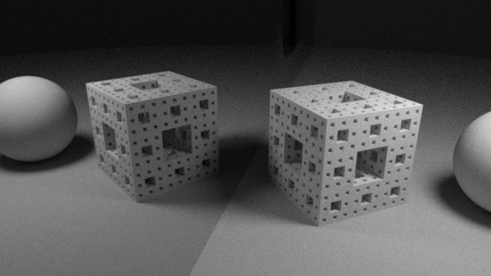 a menger sponge and a sphere reflected in a mirror, in black and white