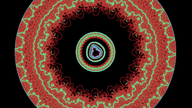 Mandelbrot set minibrot with red and green features, and black artifacts (incorrect rendering)